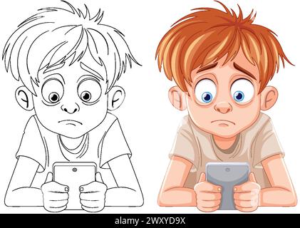 Two cartoon boys engrossed in their smartphones Stock Vector