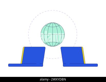 Global data transfer laptops 2D linear cartoon object Stock Vector
