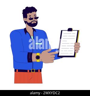 Black man showing clipboard 2D linear cartoon character Stock Vector