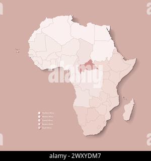 Vector Illustration with African continent with borders of all states and marked country Central African Republic. Political map in camel brown colors Stock Vector