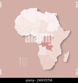 Vector Illustration with African continent with borders of all states and marked country Democratic Republic of the Congo. Political map in brown colo Stock Vector