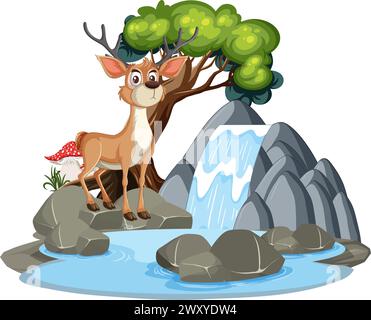 Illustration of a deer near a small waterfall Stock Vector