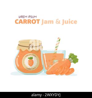 Set of jam jar, carrot, slices and glass with ices. Isolated vector illustration Stock Vector
