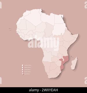 Vector Illustration with African continent with borders of all states and marked country Mozambique. Political map in brown colors with western, south Stock Vector