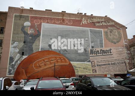 Street Art Mural commemorating the England v Hungary football match from 1953. Stock Photo