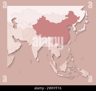 Vector illustration with asian areas with borders of states and marked country China. Political map in brown colors with regions. Beige background Stock Vector