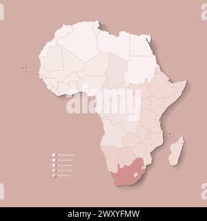 Vector Illustration with African continent with borders of all states and marked country South Africa. Political map in brown colors with western, sou Stock Vector