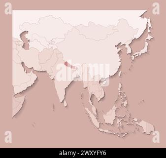 Vector illustration with asian areas with borders of states and marked country Nepal. Political map in brown colors with regions. Beige background Stock Vector