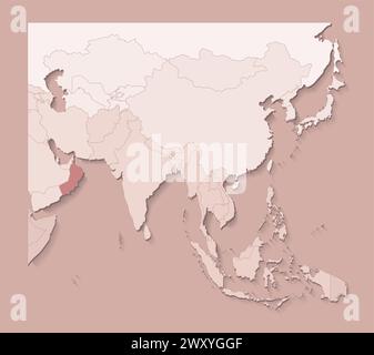 Vector illustration with asian areas with borders of states and marked country Oman; Political map in brown colors with regions. Beige background Stock Vector