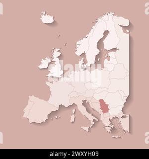 Vector illustration with european land with borders of states and marked country Serbia. Political map in brown colors with western, south and etc reg Stock Vector