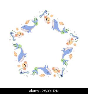 frame, border, of sea creatures, fish. summer marine, underwater frame. jellyfish, whale, squid Stock Vector