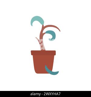 Vector isolated illustration with flat  wilted home plant in ceramic pot. Sick flower lose leaves from stress because dried up. The ficus sprout is al Stock Vector