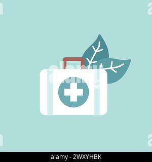 Vector illustration with flat emergency bag for first aid. White case with two green plant leaves. Symbol of herbal and natural medicine to be healthy Stock Vector