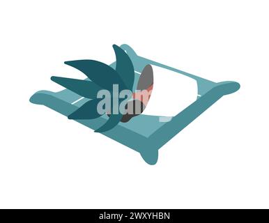 Vector isolated illustration with flat square repotting mat and plant in pot. Foldable plastic carpet help to prevent dirt and ground. Garden equipmen Stock Vector