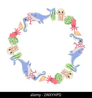 frame, border, of sea creatures, fish. summer marine, underwater frame. jellyfish, whale, squid Stock Vector