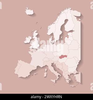 Vector illustration with european land with borders of states and marked country Slovakia. Political map in brown colors with western, south and etc r Stock Vector