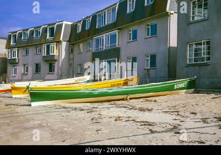 Gigs boats on town beach, Hugh Town, Scilly Islands, Isles of Scilly, Corwnall England, Uk 1975 Stock Photo