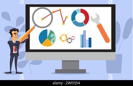 Businessman looking at web based analytics data research flat vector Stock Vector