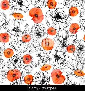 Hand drawn watercolor botanical illustration flowers leaves. Red poppy papaver, stems buds seedpods. Seamless pattern isolated white background Stock Photo