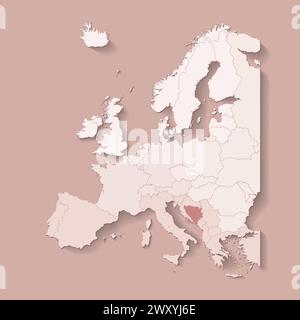 Vector illustration with european land with borders of states and marked country Bosnia and Herzegovina. Political map in brown colors with regions. B Stock Vector
