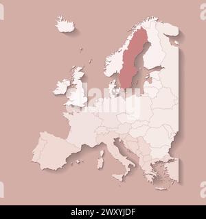 Vector illustration with european land with borders of states and marked country Sweden. Political map in brown colors with western, south and etc reg Stock Vector