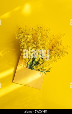 From above bright yellow mimosa flowers peeking out from a reflective golden envelope against a vivid yellow backdrop, highlighting the warmth of spri Stock Photo