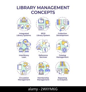 Library management multi color concept icons Stock Vector