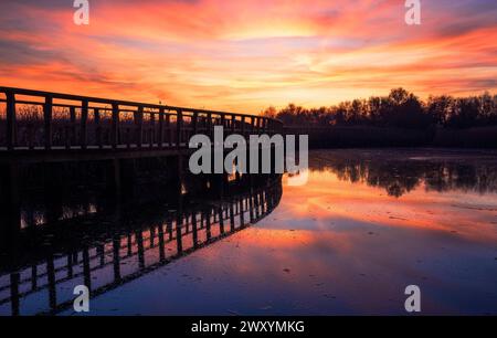 A picturesque sunset casts vibrant hues over a peaceful boardwalk next to a tranquil lake, reflecting the warm colors of the sky on the water surface, Stock Photo