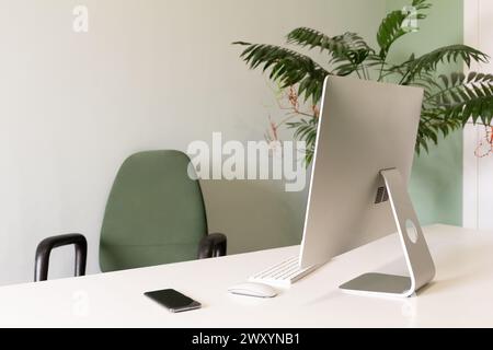A clean, minimalist office desk setup featuring a computer, smartphone, and indoor plants, signaling a serene work environment Stock Photo