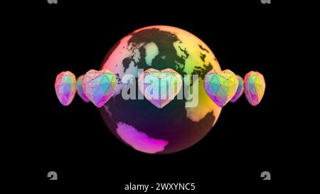 A digital artwork featuring holographic heart shapes set around a rainbow-colored globe against a black background, conveying a futuristic love for th Stock Photo