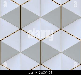 3D wall of white triangles with gold edges in the loft style assembled in hexagons and seamless ornament Stock Photo