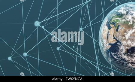 Digital illustration depicting interconnected nodes overlaying Planet Earth, symbolizing global information and communication networks Stock Photo