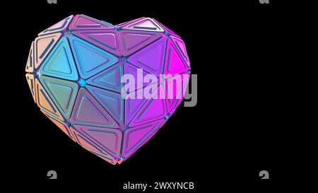 A vibrant 3D rendered heart with a geometric surface pattern, displayed in neon colors against a black background Stock Photo