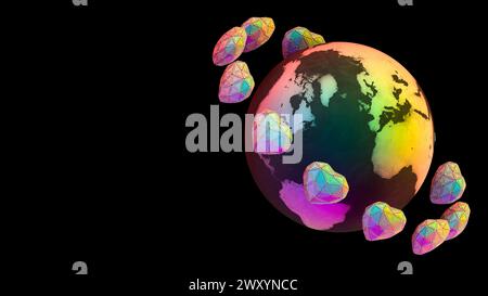 An abstract rendition of the Earth with vibrant hues and floating geometric shapes against a black background, ideal for conceptual design Stock Photo