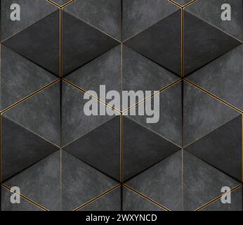 3D wall of gray triangles with gold edges in the loft style assembled in hexagons and seamless ornament Stock Photo