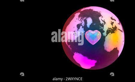 Abstract colorful illustration of Earth with a heart-shaped diamond on its surface against a black background Stock Photo