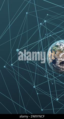 A conceptual graphic showcasing a network of lines and nodes with a partial view of Planet Earth, representing global data exchange Stock Photo