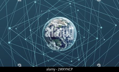 High-resolution image depicting Planet Earth surrounded by an intricate web of digital connections symbolizing global networks Stock Photo