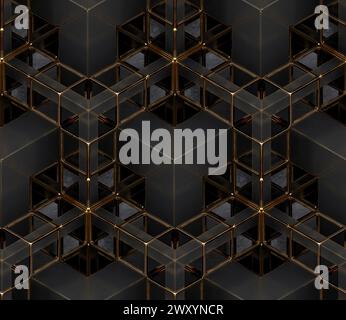 3D Wallpaper depicting a chain of geometric elements made of black metal with gold frayed edges. High quality seamless realistic texture. Stock Photo