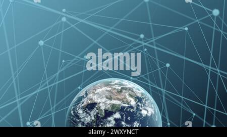 This image visualizes Planet Earth surrounded by an intricate web of digital connections, symbolizing our interconnected world Stock Photo