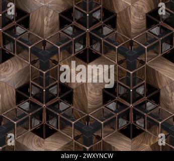 3D Wallpaper depicting a chain of geometric elements made of precious wood black glossy metal with golden construction chain as decor luxury shape. Hi Stock Photo
