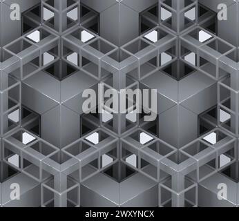 3D Wallpaper depicting a chain of geometric elements made of gray glossy metal with different different designs of chain. High quality seamless realis Stock Photo