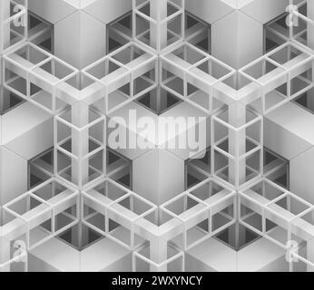 3D Wallpaper depicting a chain of geometric elements made of white glossy metal with different different designs of chain. High quality seamless reali Stock Photo