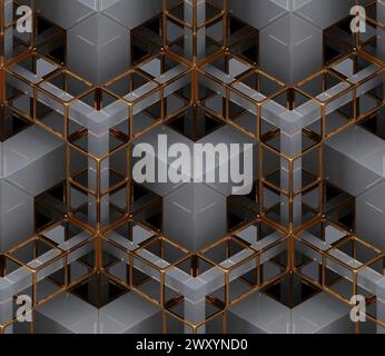 3D Wallpaper depicting a chain of geometric elements made of gray glossy metal with golden construction chain. High quality seamless realistic texture Stock Photo