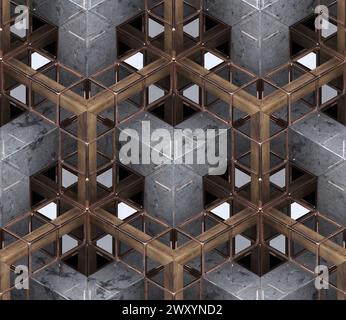 3D Wallpaper depicting a chain of geometric elements made of precious wood golden glossy metal and gray marble stone construction chain. High quality Stock Photo