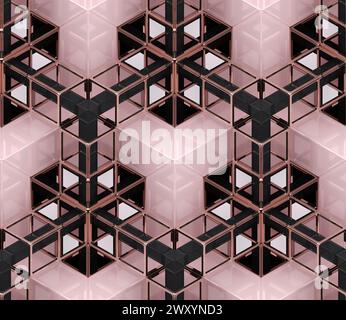 3D Wallpaper depicting a chain of geometric elements made of light pink glossy metal with golden and black construction chain. High quality seamless r Stock Photo