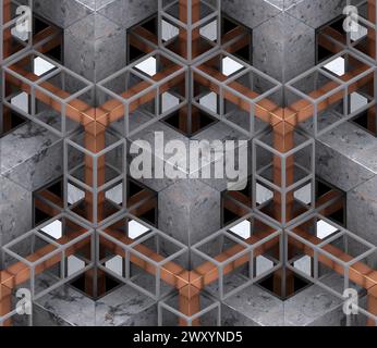 3D Wallpaper depicting a chain of geometric elements made of golden scratched metal gray glossy matterial and gray marble stone chain. High quality se Stock Photo