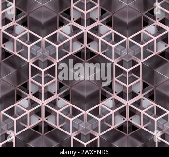 3D Wallpaper depicting a chain of geometric elements made of light pink glossy metal with golden and black construction chain. High quality seamless r Stock Photo
