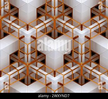3D Wallpaper depicting a chain of geometric elements made of white glossy metal with golden construction chain. High quality seamless realistic textur Stock Photo