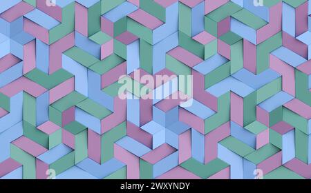 3D Wallpaper origami mosaic of colored particles green, blue and purple tones High quality seamless realistic texture Stock Photo